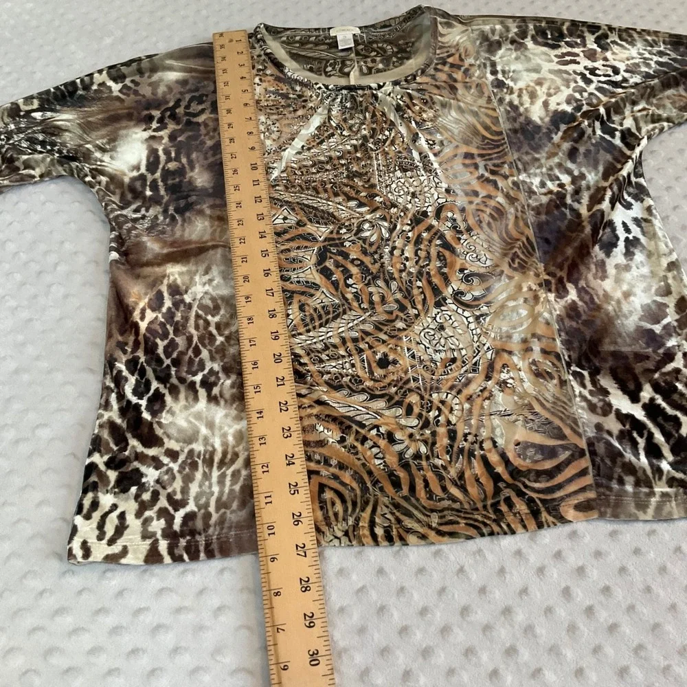 Chico's Blouse Women 2 Brown Animal Print Rhinestone Mixed Media 3/4 Sleeve Top
